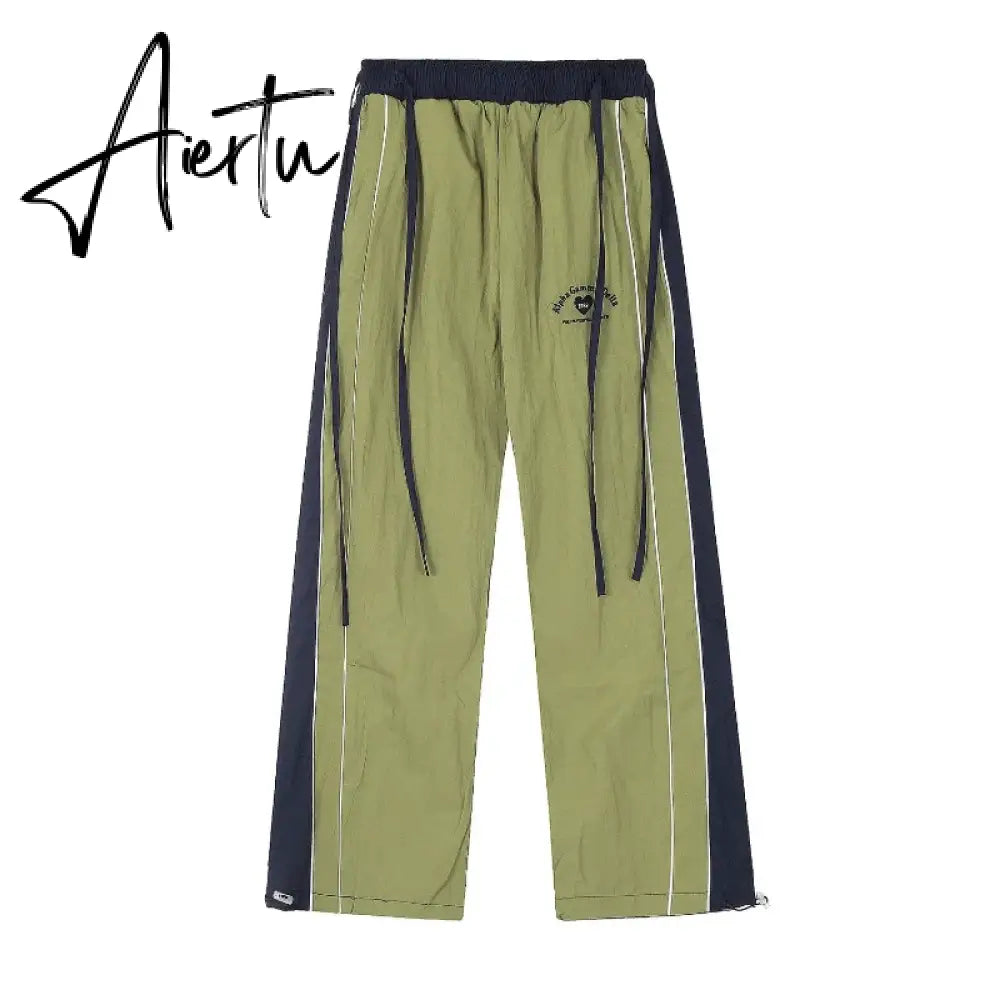 Aiertu Quick Drying Rushing Sweatpants Women American Retro Casual Color Blocking Outdoor Loose Wide Leg Green Pants Tide Running Pants Aiertu