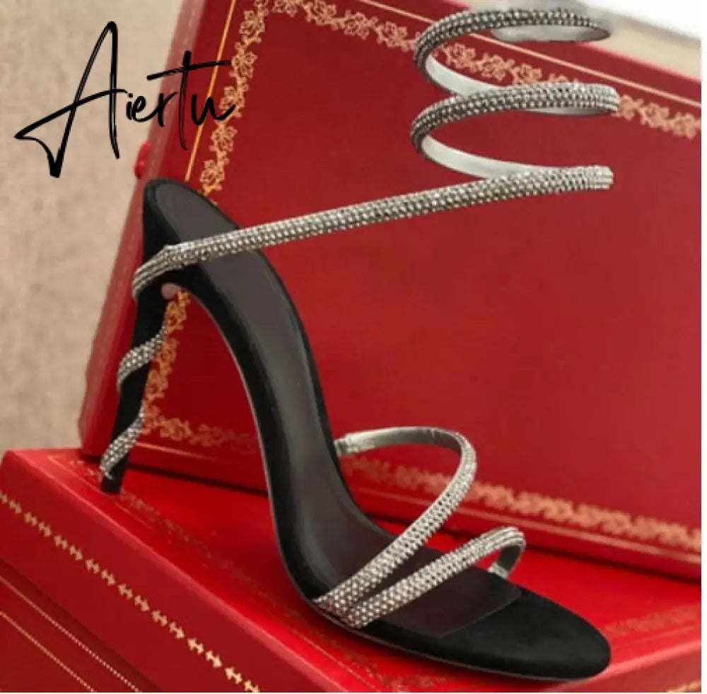 Aiertu  Red\Black\White Serpentine Winding Crystal Sandals Women Rhinestones Ankle Laces Stiletto Summer Pump Luxury New Party Fit Shoes Aiertu