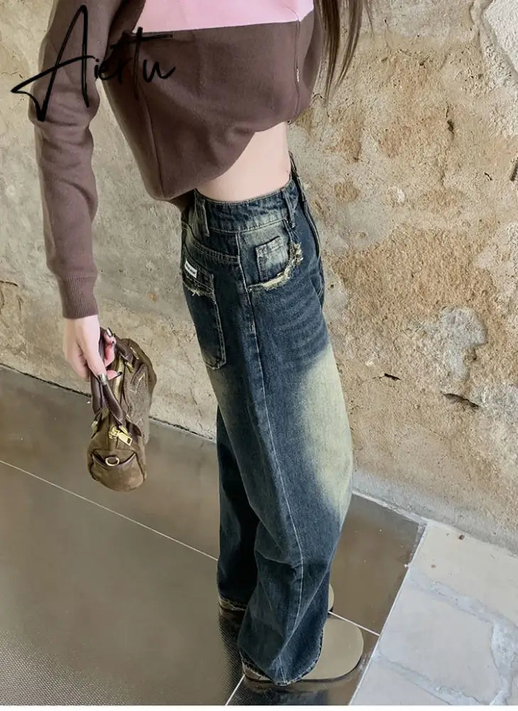 Aiertu Retro Blue Baggy Jeans Women's Washed Distressed Straight Denim Pants Fashion Autumn Loose Wide-leg Trousers Female Pantaloons Aiertu
