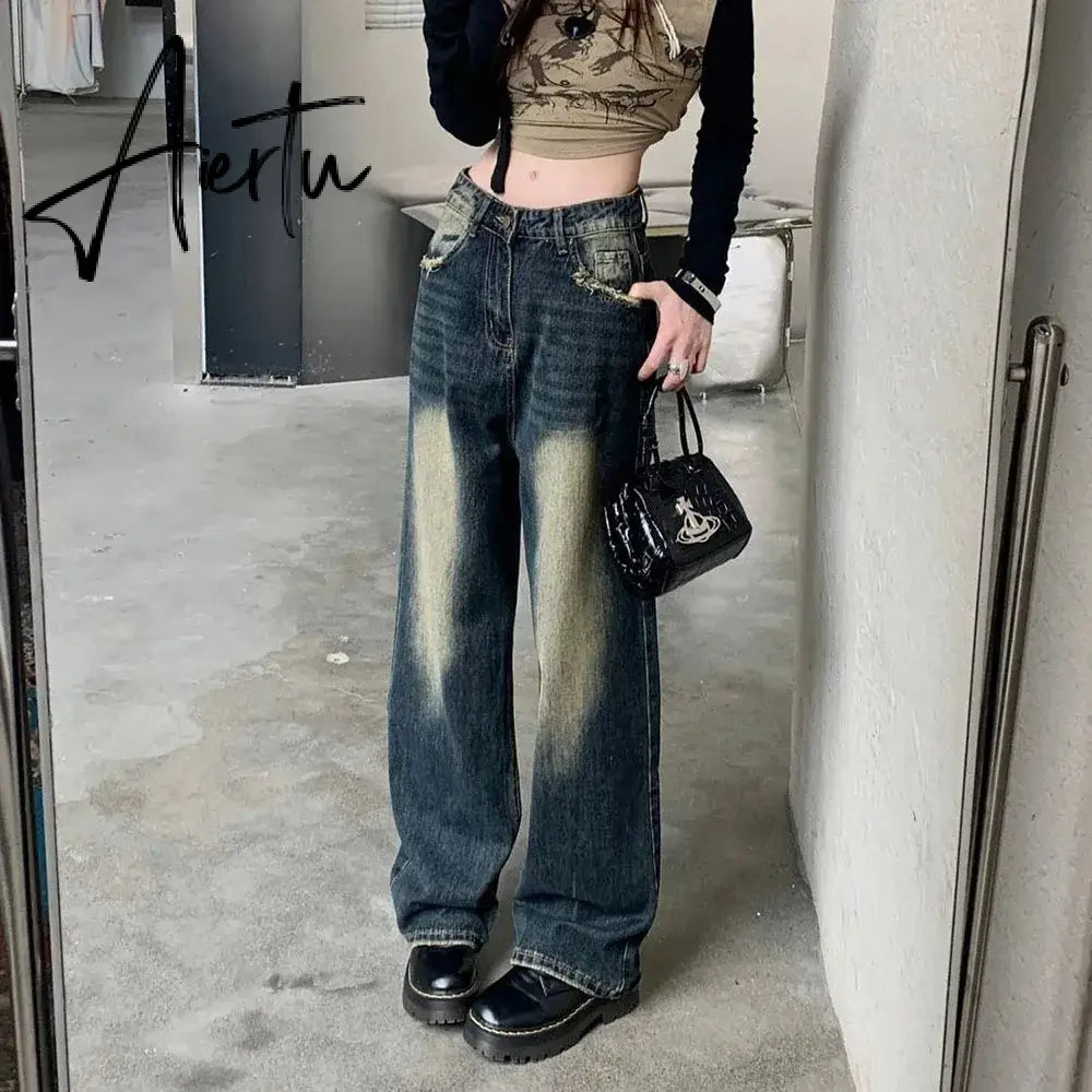 Aiertu Retro Blue Baggy Jeans Women's Washed Distressed Straight Denim Pants Fashion Autumn Loose Wide-leg Trousers Female Pantaloons Aiertu