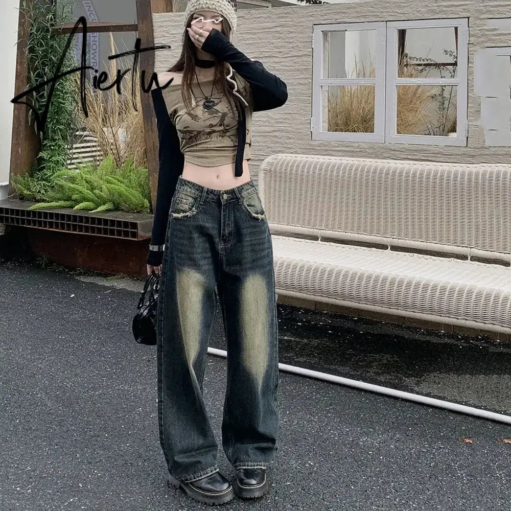 Aiertu Retro Blue Baggy Jeans Women's Washed Distressed Straight Denim Pants Fashion Autumn Loose Wide-leg Trousers Female Pantaloons Aiertu