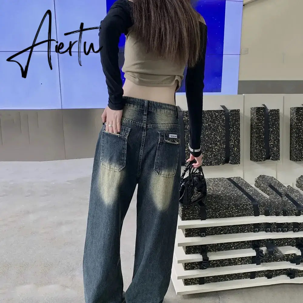 Aiertu Retro Blue Baggy Jeans Women's Washed Distressed Straight Denim Pants Fashion Autumn Loose Wide-leg Trousers Female Pantaloons Aiertu