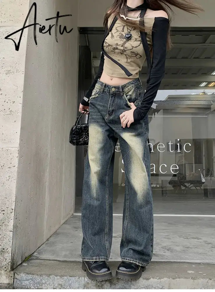 Aiertu Retro Blue Baggy Jeans Women's Washed Distressed Straight Denim Pants Fashion Autumn Loose Wide-leg Trousers Female Pantaloons Aiertu