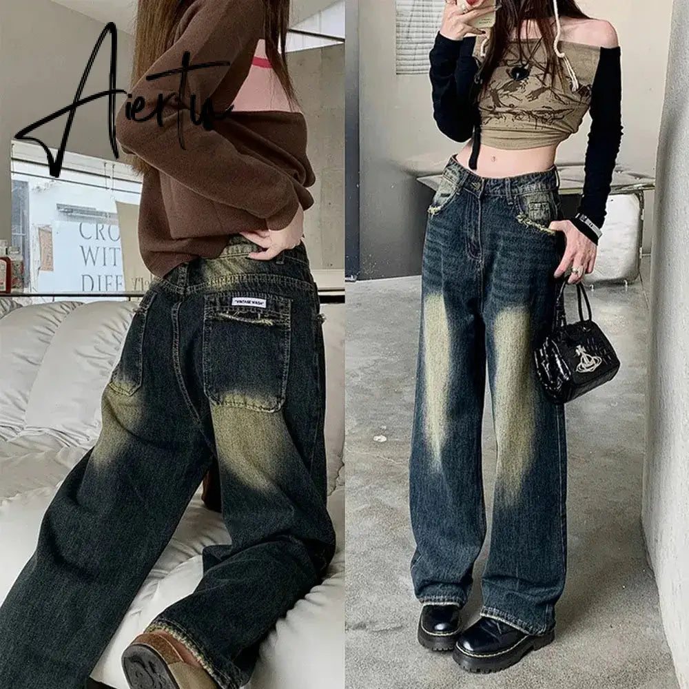 Aiertu Retro Blue Baggy Jeans Women's Washed Distressed Straight Denim Pants Fashion Autumn Loose Wide-leg Trousers Female Pantaloons Aiertu