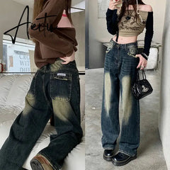 Aiertu Retro Blue Baggy Jeans Women's Washed Distressed Straight Denim Pants Fashion Autumn Loose Wide-leg Trousers Female Pantaloons Aiertu