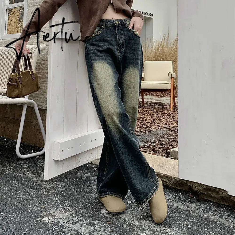 Aiertu Retro Blue Baggy Jeans Women's Washed Distressed Straight Denim Pants Fashion Autumn Loose Wide-leg Trousers Female Pantaloons Aiertu