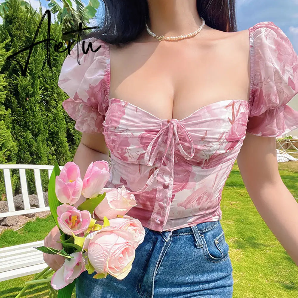 Aiertu   Retro Flower Printed Top Summer New Women's Sexy Chiffon T-shirt Corset Club Party Short Sleeve Crop Top Clothes Aiertu