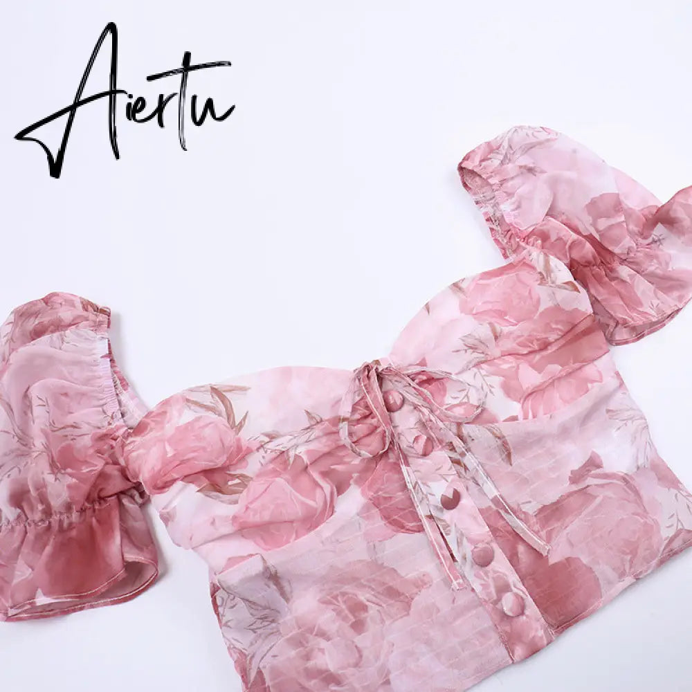 Aiertu   Retro Flower Printed Top Summer New Women's Sexy Chiffon T-shirt Corset Club Party Short Sleeve Crop Top Clothes Aiertu