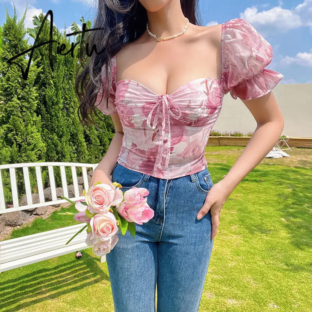 Aiertu   Retro Flower Printed Top Summer New Women's Sexy Chiffon T-shirt Corset Club Party Short Sleeve Crop Top Clothes Aiertu