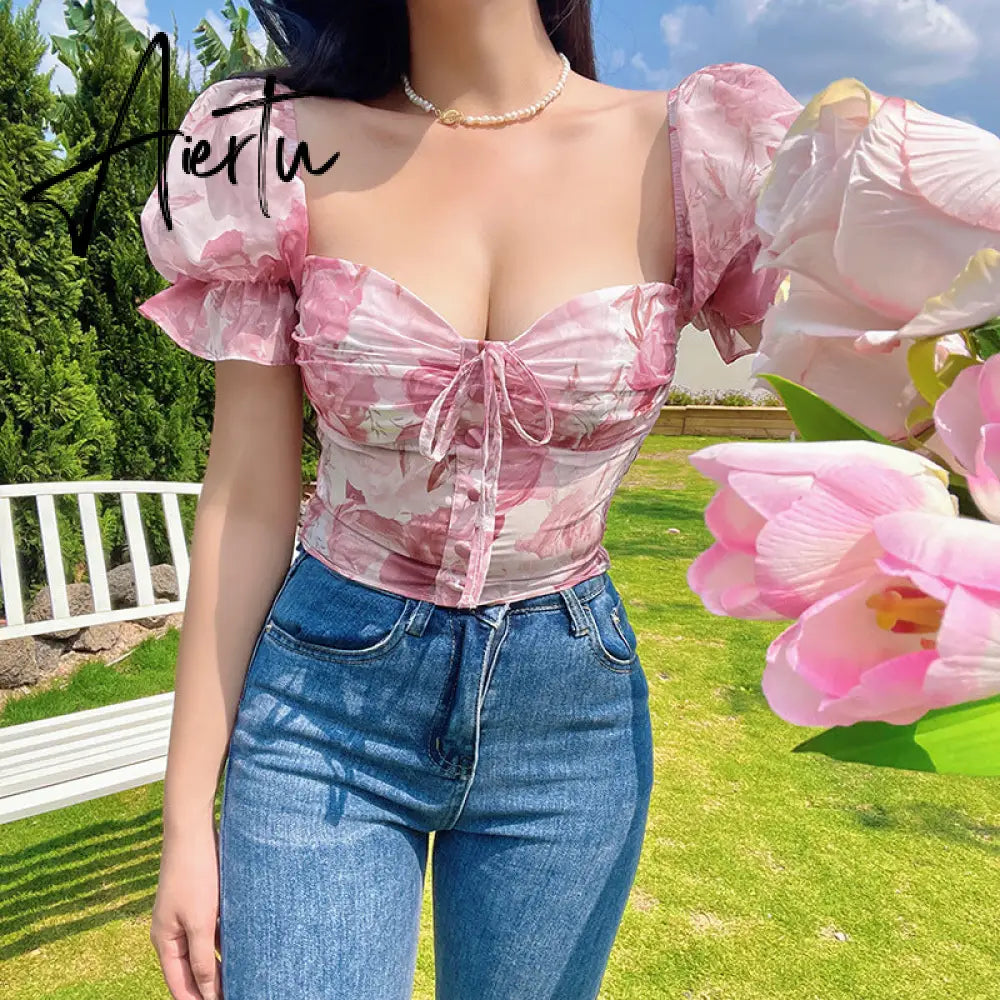 Aiertu   Retro Flower Printed Top Summer New Women's Sexy Chiffon T-shirt Corset Club Party Short Sleeve Crop Top Clothes Aiertu