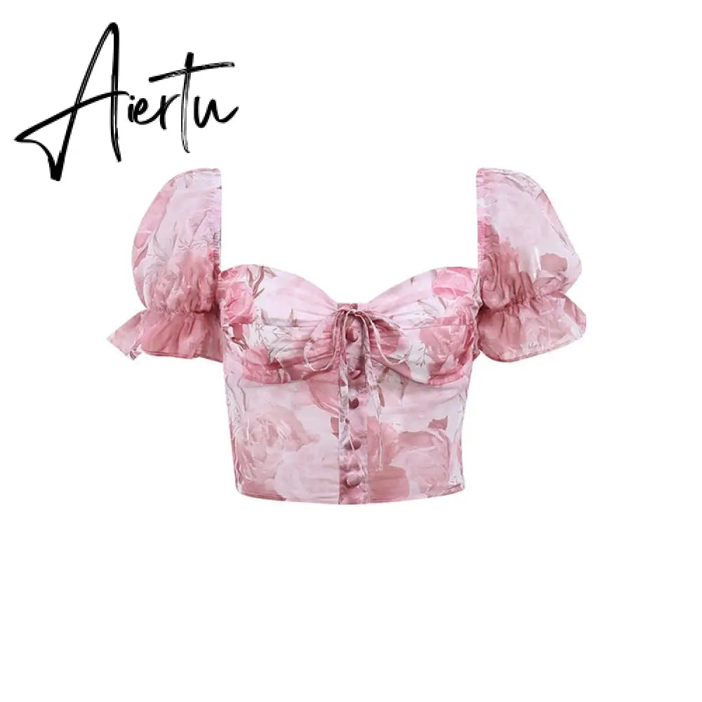 Aiertu   Retro Flower Printed Top Summer New Women's Sexy Chiffon T-shirt Corset Club Party Short Sleeve Crop Top Clothes Aiertu