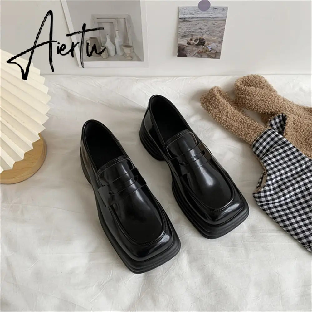 Aiertu Retro Loafers Shoes for Women JK Square Toes Mid Heels Thick Bottom Female Daily Vintage Flats for Girls Ladies Zapatillas Mujer Aiertu