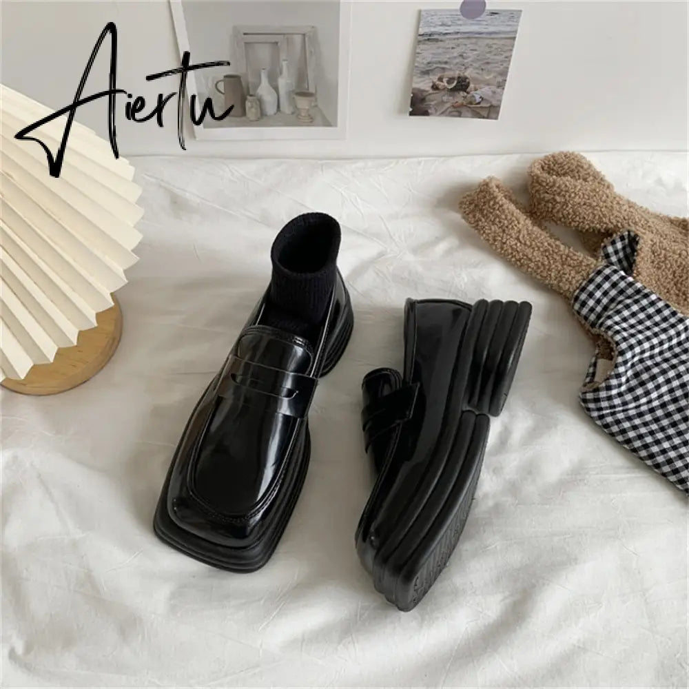 Aiertu Retro Loafers Shoes for Women JK Square Toes Mid Heels Thick Bottom Female Daily Vintage Flats for Girls Ladies Zapatillas Mujer Aiertu