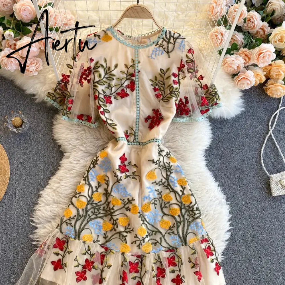 Aiertu Retro Mesh Embroidery Dress Women Short Sleeve Ruffles A-line Dress Summer High Quality Elegant Chic Street wear Dress Aiertu