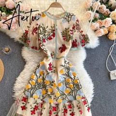 Aiertu Retro Mesh Embroidery Dress Women Short Sleeve Ruffles A-line Dress Summer High Quality Elegant Chic Street wear Dress Aiertu