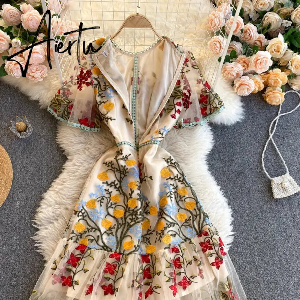 Aiertu Retro Mesh Embroidery Dress Women Short Sleeve Ruffles A-line Dress Summer High Quality Elegant Chic Street wear Dress Aiertu