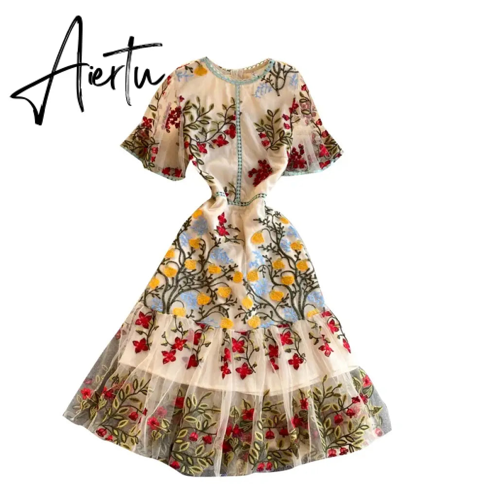 Aiertu Retro Mesh Embroidery Dress Women Short Sleeve Ruffles A-line Dress Summer High Quality Elegant Chic Street wear Dress Aiertu