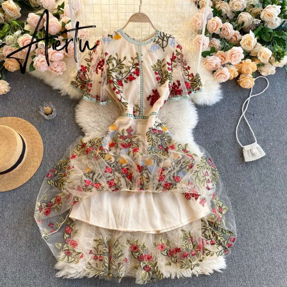 Aiertu Retro Mesh Embroidery Dress Women Short Sleeve Ruffles A-line Dress Summer High Quality Elegant Chic Street wear Dress Aiertu