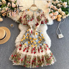 Aiertu Retro Mesh Embroidery Dress Women Short Sleeve Ruffles A-line Dress Summer High Quality Elegant Chic Street wear Dress Aiertu