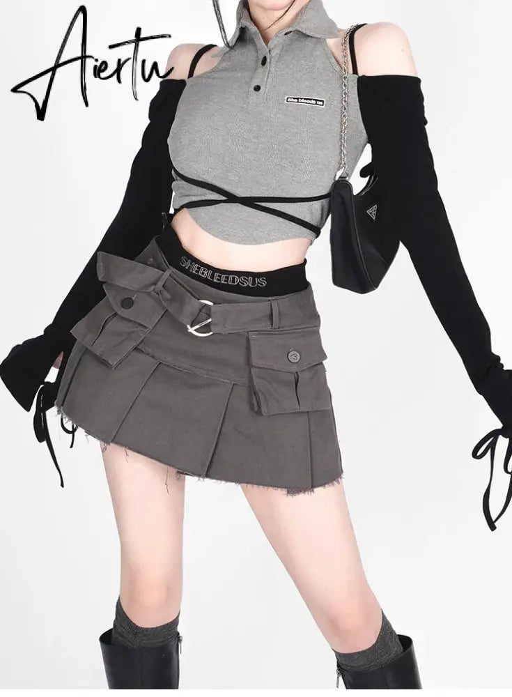 Aiertu Retro Y2k Clothes Solid Cargos Skirts Women Streetwear Mini Skirts Women Vintage Sexy Clubwear Fashion Denim Short Skirt Aiertu