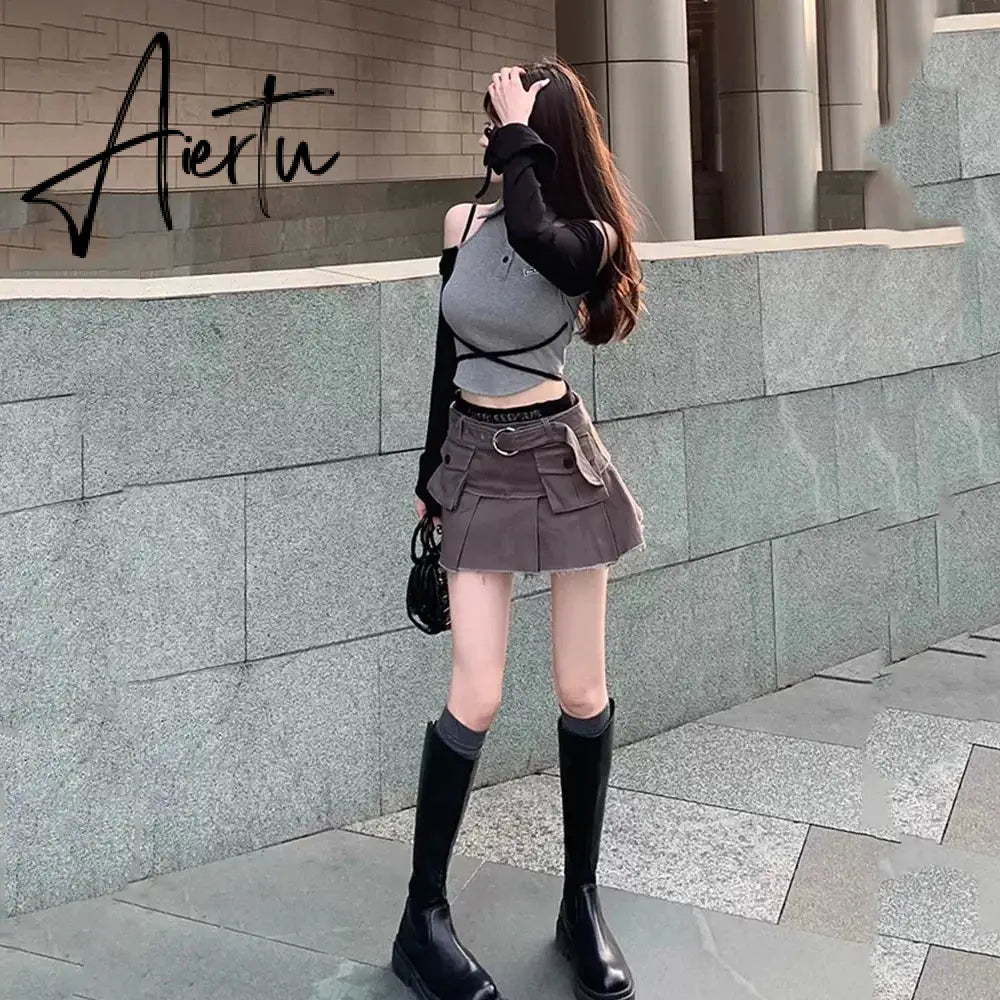 Aiertu Retro Y2k Clothes Solid Cargos Skirts Women Streetwear Mini Skirts Women Vintage Sexy Clubwear Fashion Denim Short Skirt Aiertu