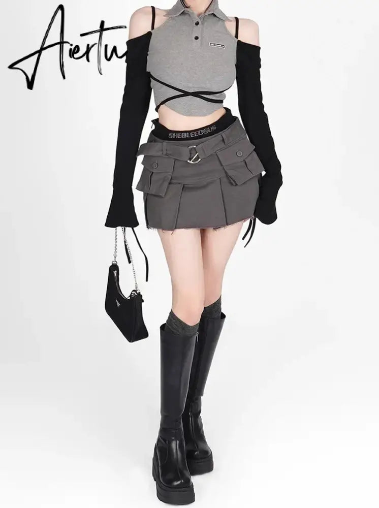 Aiertu Retro Y2k Clothes Solid Cargos Skirts Women Streetwear Mini Skirts Women Vintage Sexy Clubwear Fashion Denim Short Skirt Aiertu