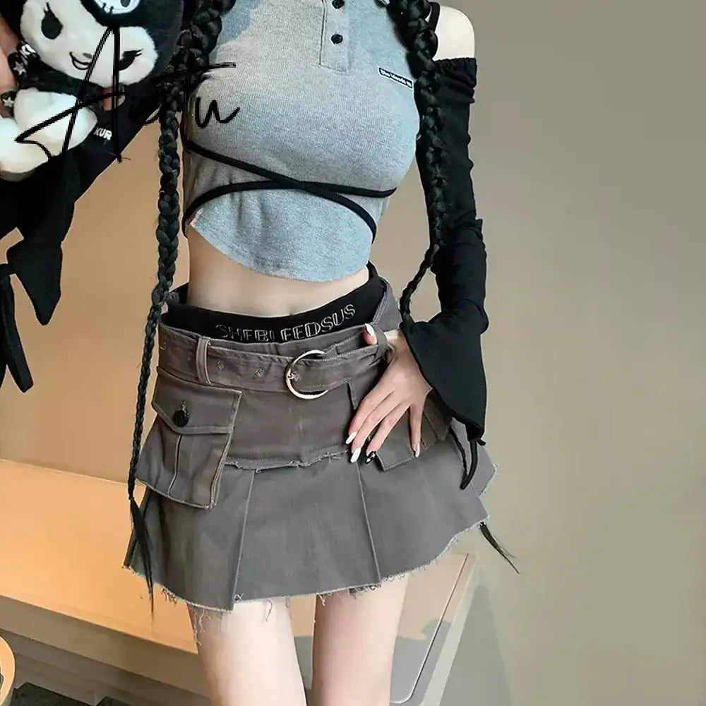 Aiertu Retro Y2k Clothes Solid Cargos Skirts Women Streetwear Mini Skirts Women Vintage Sexy Clubwear Fashion Denim Short Skirt Aiertu