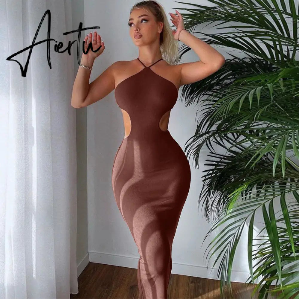 Aiertu Ribbed Halter Hollow Out Backless Skinny Maxi Dress  Bodycon Sexy Streetwear Evening Party Club Elegant Clothing Aiertu