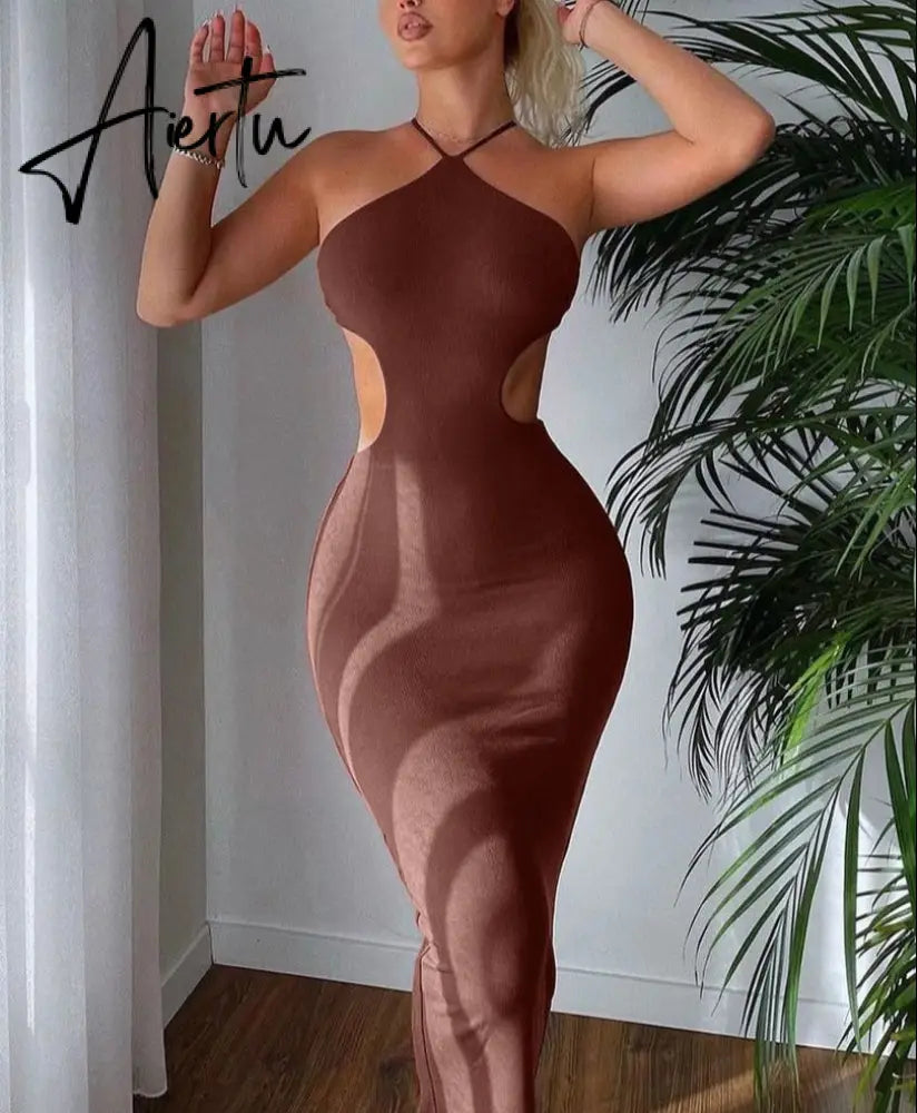 Aiertu Ribbed Halter Hollow Out Backless Skinny Maxi Dress  Bodycon Sexy Streetwear Evening Party Club Elegant Clothing Aiertu