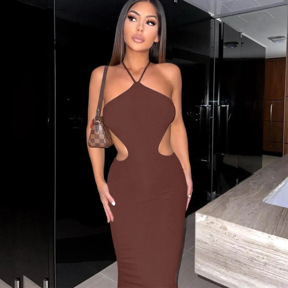 Aiertu Ribbed Halter Hollow Out Backless Skinny Maxi Dress  Bodycon Sexy Streetwear Evening Party Club Elegant Clothing Aiertu