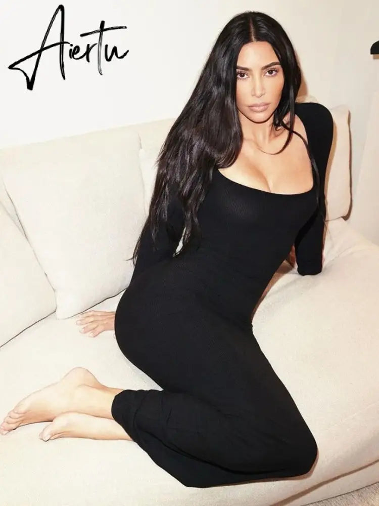 Aiertu  Ribbed Solid Long Sleeve Square Neck Maxi Dress 2021 Fall Sexy Evening Party Elegant Vestido Kleider Mit Robe Aiertu