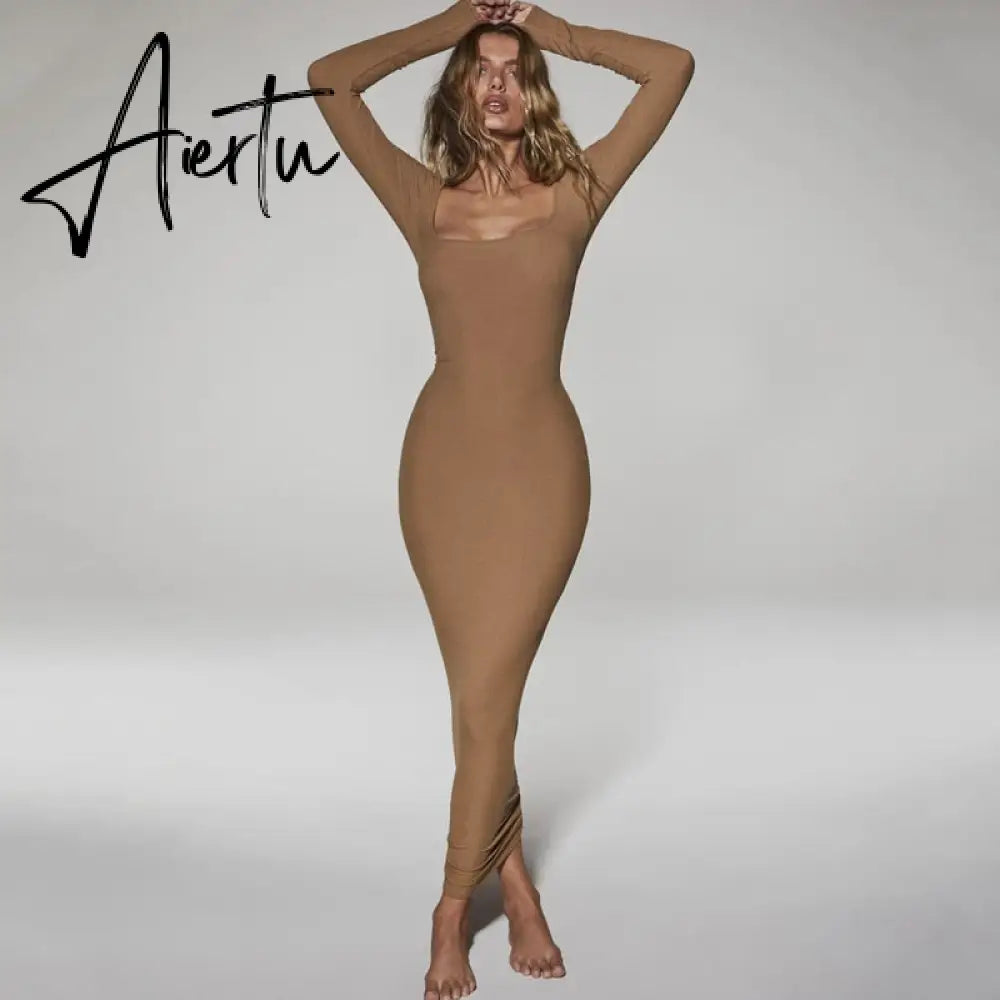 Aiertu  Ribbed Solid Long Sleeve Square Neck Maxi Dress 2021 Fall Sexy Evening Party Elegant Vestido Kleider Mit Robe Aiertu