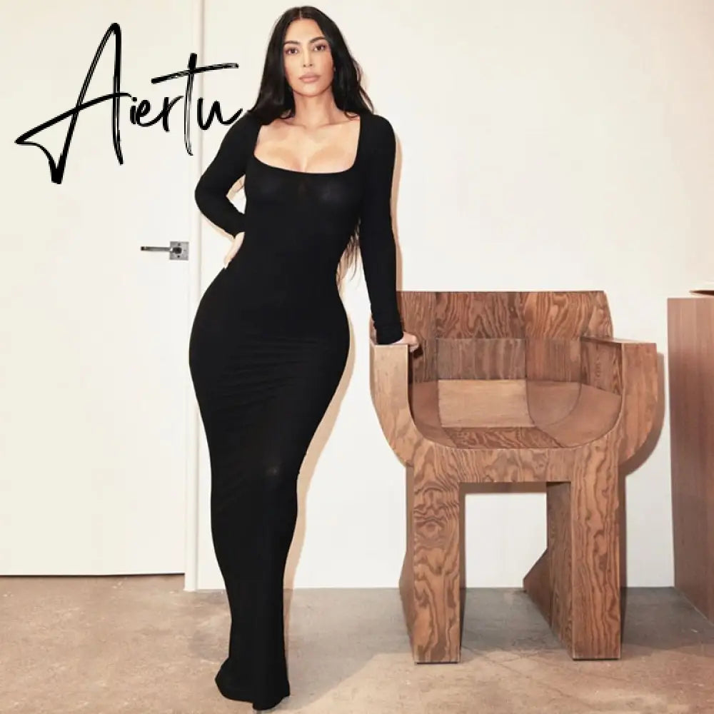 Aiertu  Ribbed Solid Long Sleeve Square Neck Maxi Dress 2021 Fall Sexy Evening Party Elegant Vestido Kleider Mit Robe Aiertu