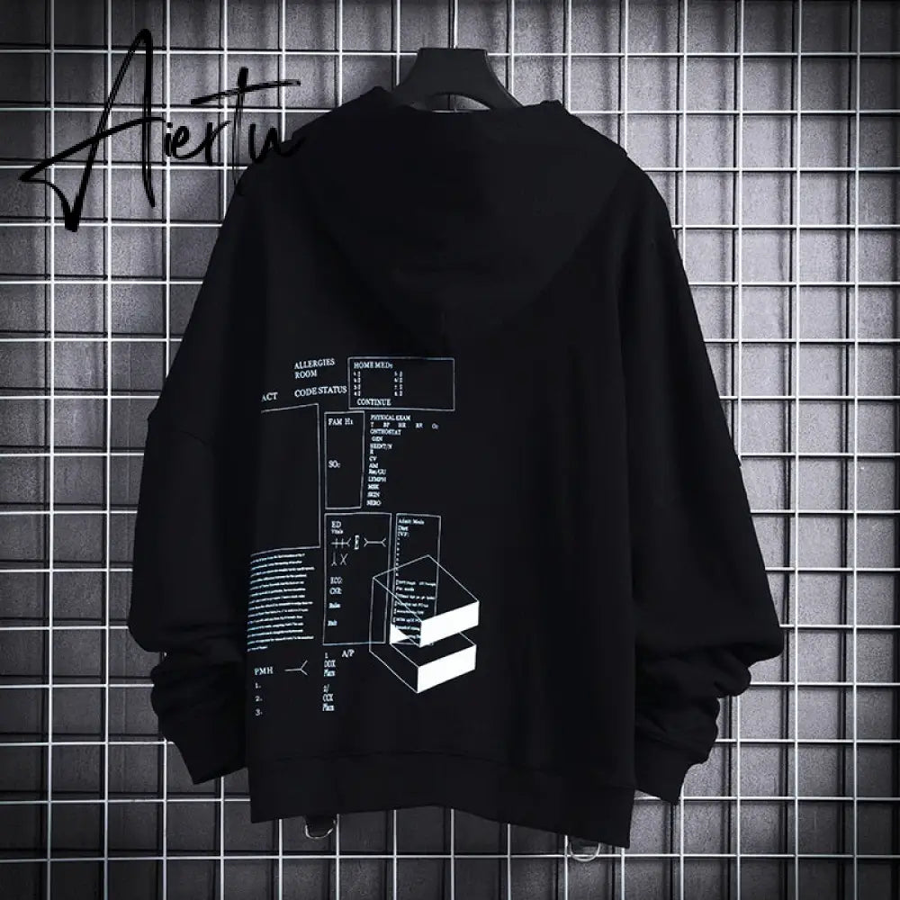 Aiertu Ribbons Techwear Hip Hop Hooded Autumn Winter Hoodies Sweatshirts Men Sport Letter Casual Streetwear Black Male Pullover Aiertu