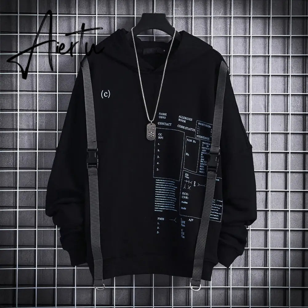 Aiertu Ribbons Techwear Hip Hop Hooded Autumn Winter Hoodies Sweatshirts Men Sport Letter Casual Streetwear Black Male Pullover Aiertu