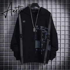 Aiertu Ribbons Techwear Hip Hop Hooded Autumn Winter Hoodies Sweatshirts Men Sport Letter Casual Streetwear Black Male Pullover Aiertu