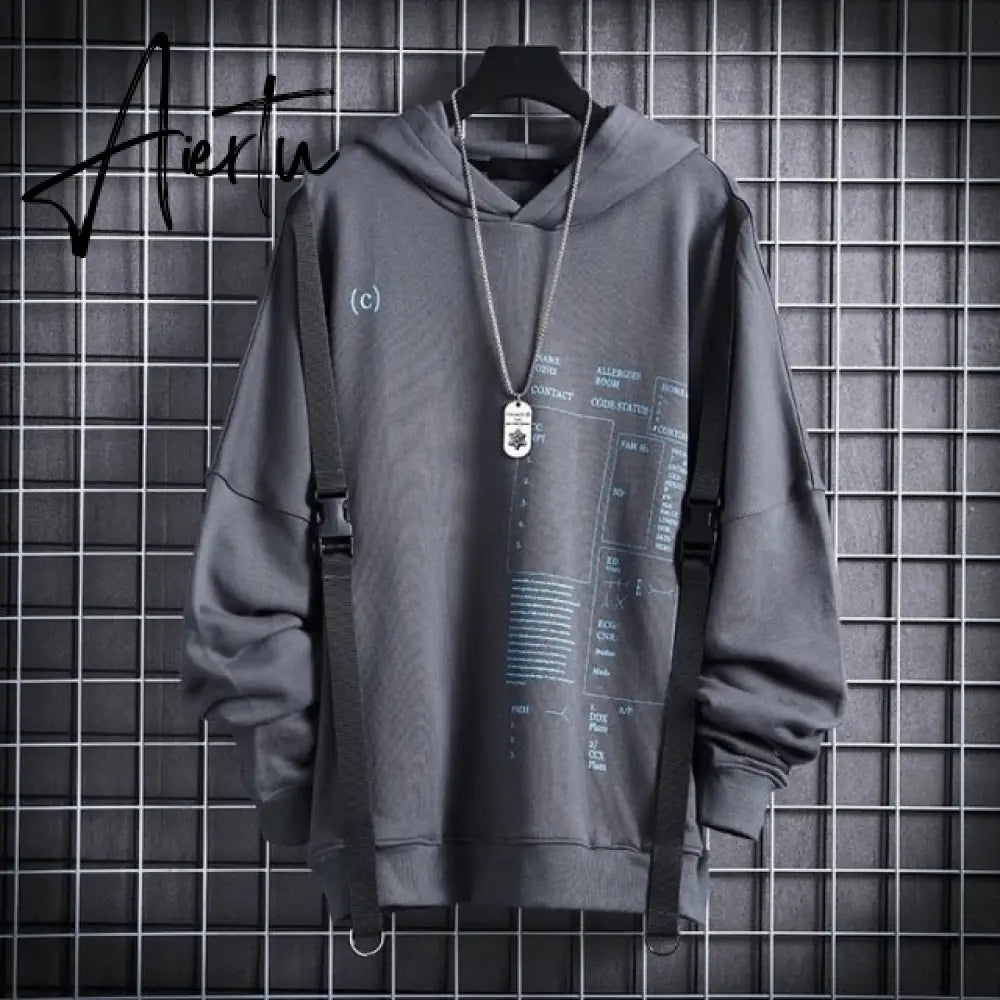 Aiertu Ribbons Techwear Hip Hop Hooded Autumn Winter Hoodies Sweatshirts Men Sport Letter Casual Streetwear Black Male Pullover Aiertu