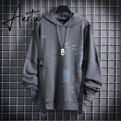 Aiertu Ribbons Techwear Hip Hop Hooded Autumn Winter Hoodies Sweatshirts Men Sport Letter Casual Streetwear Black Male Pullover Aiertu