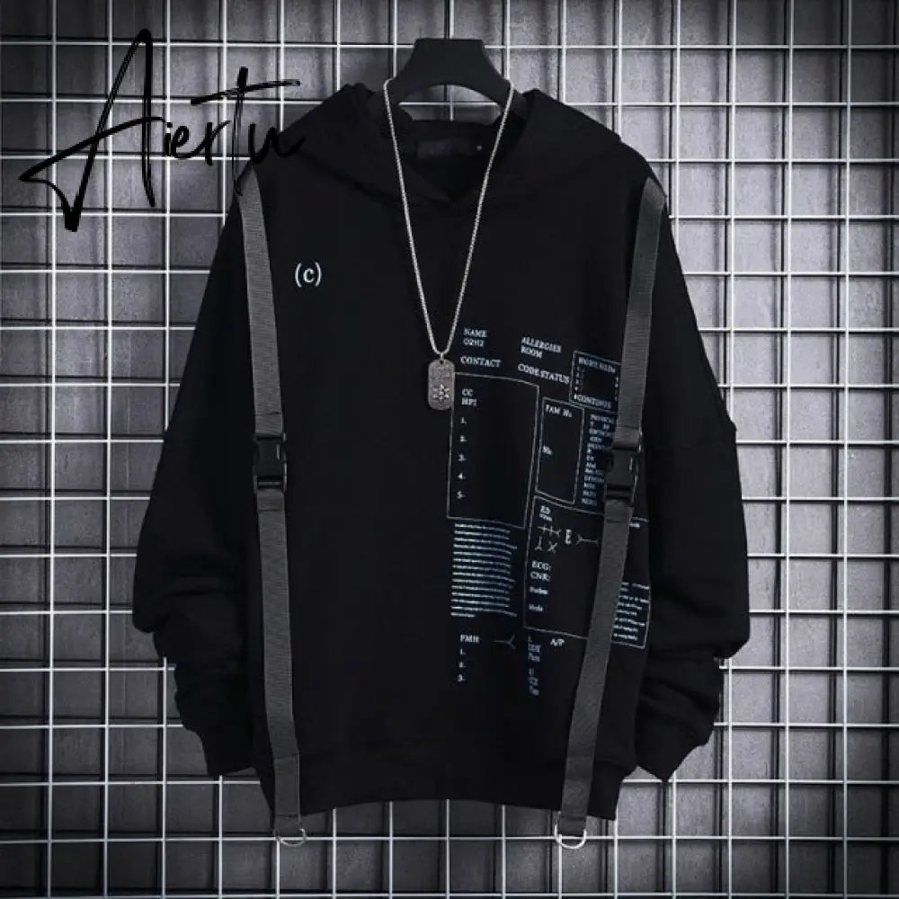 Aiertu Ribbons Techwear Hip Hop Hooded Autumn Winter Hoodies Sweatshirts Men Sport Letter Casual Streetwear Black Male Pullover Aiertu