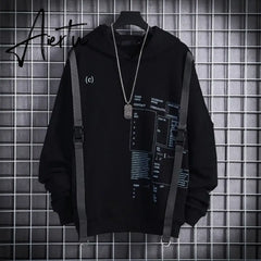 Aiertu Ribbons Techwear Hip Hop Hooded Autumn Winter Hoodies Sweatshirts Men Sport Letter Casual Streetwear Black Male Pullover Aiertu
