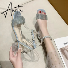 Aiertu Roman Thick Heel Sandals Female Summer New Fairy Style High Heel Mid-heel Lace Gentle Pearl Evening Shoes Sandals Women Aiertu