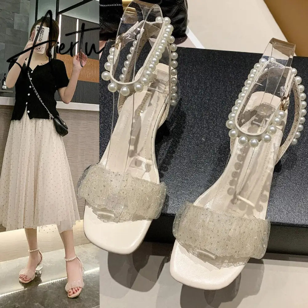 Aiertu Roman Thick Heel Sandals Female Summer New Fairy Style High Heel Mid-heel Lace Gentle Pearl Evening Shoes Sandals Women Aiertu