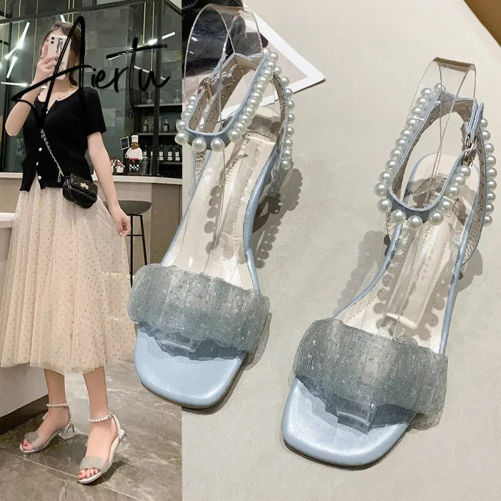 Aiertu Roman Thick Heel Sandals Female Summer New Fairy Style High Heel Mid-heel Lace Gentle Pearl Evening Shoes Sandals Women Aiertu