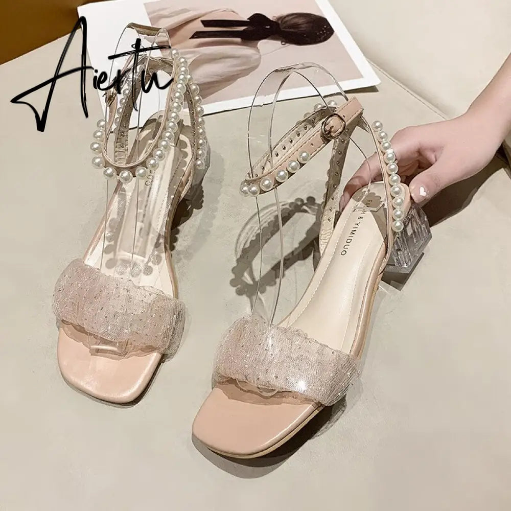 Aiertu Roman Thick Heel Sandals Female Summer New Fairy Style High Heel Mid-heel Lace Gentle Pearl Evening Shoes Sandals Women Aiertu