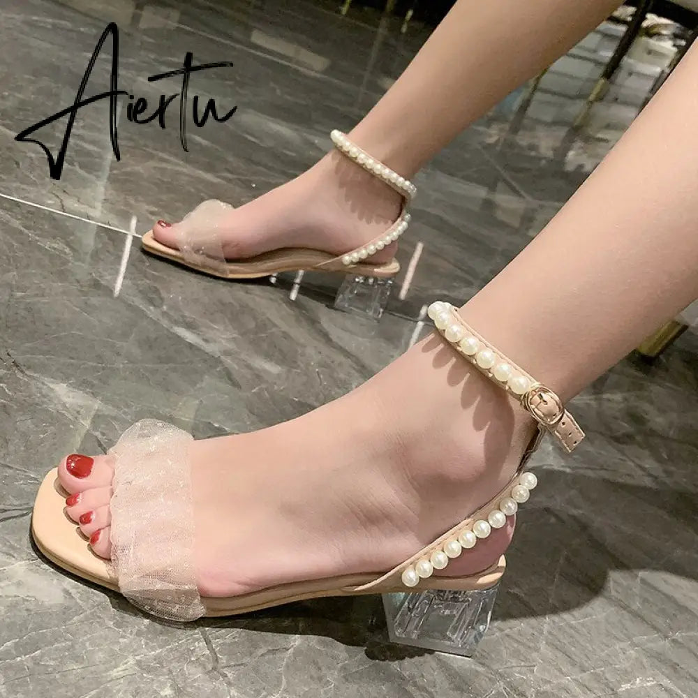 Aiertu Roman Thick Heel Sandals Female Summer New Fairy Style High Heel Mid-heel Lace Gentle Pearl Evening Shoes Sandals Women Aiertu