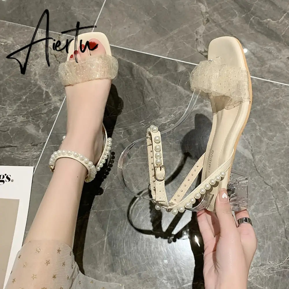 Aiertu Roman Thick Heel Sandals Female Summer New Fairy Style High Heel Mid-heel Lace Gentle Pearl Evening Shoes Sandals Women Aiertu