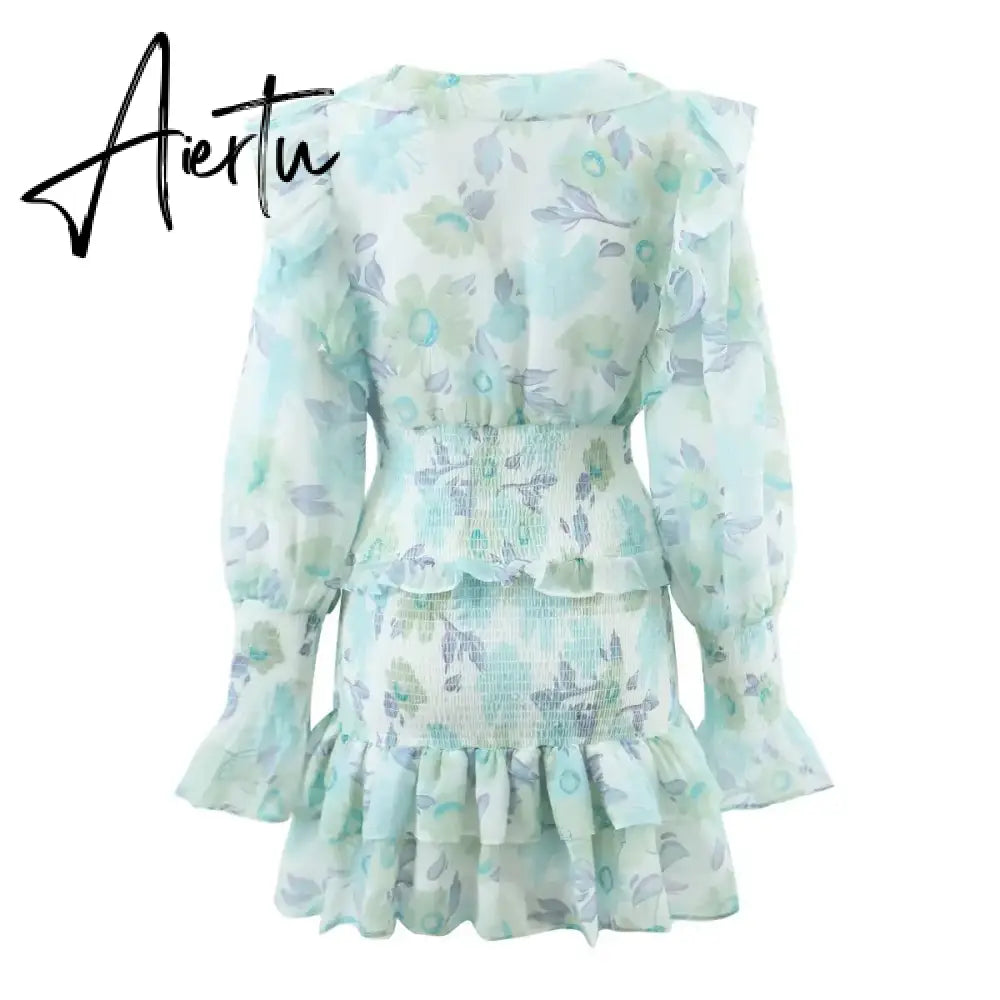 Aiertu  Romantic Full Lantern Sleeve Flower Print Mini Dress Woman Spliced Wood ears Ruffles Hem Elastic Package Hips Holiday Robe Aiertu