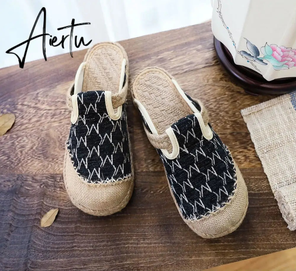 Aiertu   Rope Sole Women Handmade Canvas Close Toe Slippers Bohemian Ladies Casual Mule Espadrilles Summer Comfortable Flat Shoes Aiertu