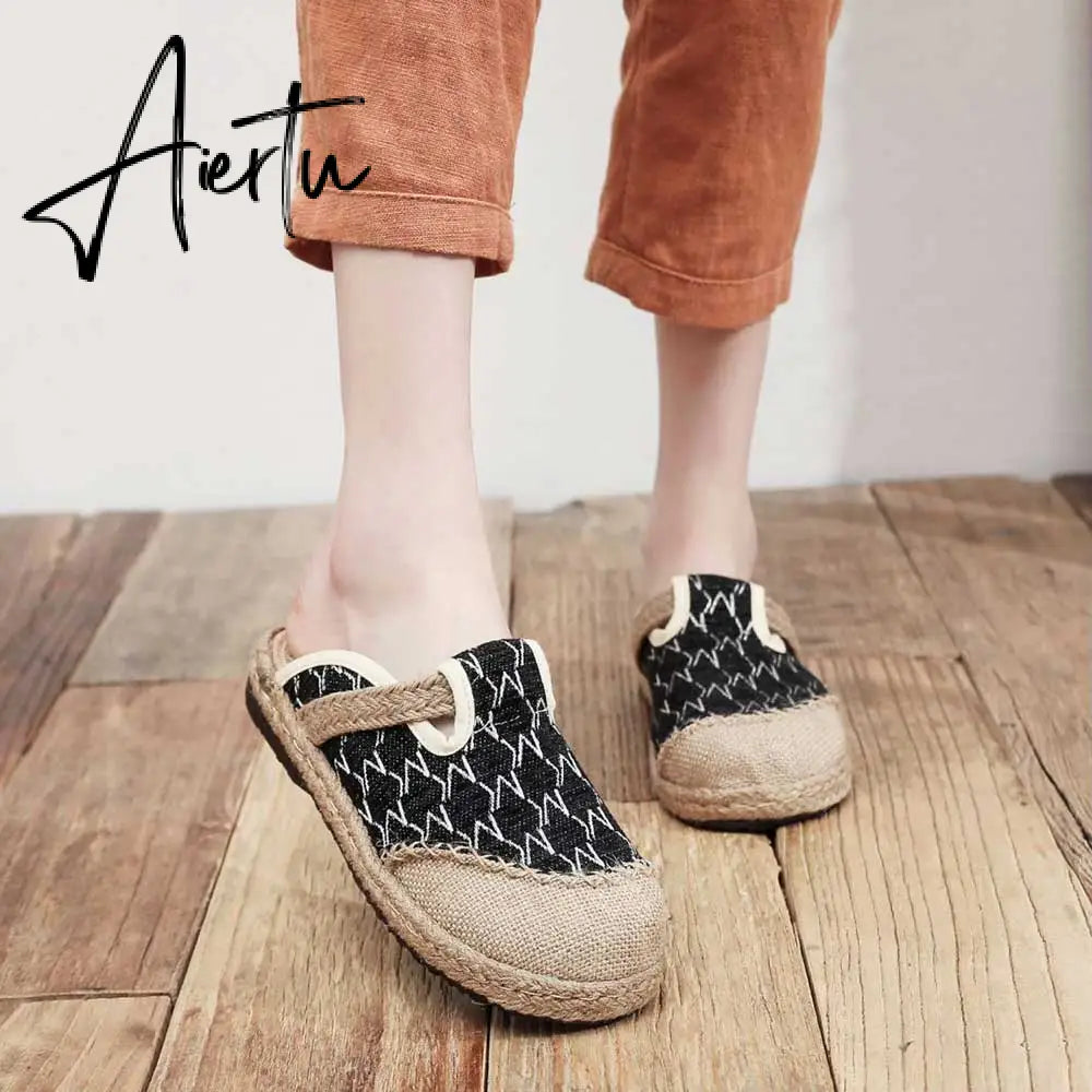 Aiertu   Rope Sole Women Handmade Canvas Close Toe Slippers Bohemian Ladies Casual Mule Espadrilles Summer Comfortable Flat Shoes Aiertu