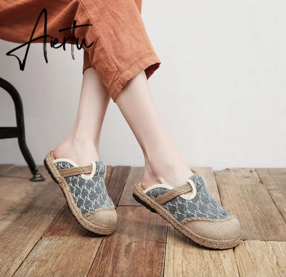 Aiertu   Rope Sole Women Handmade Canvas Close Toe Slippers Bohemian Ladies Casual Mule Espadrilles Summer Comfortable Flat Shoes Aiertu